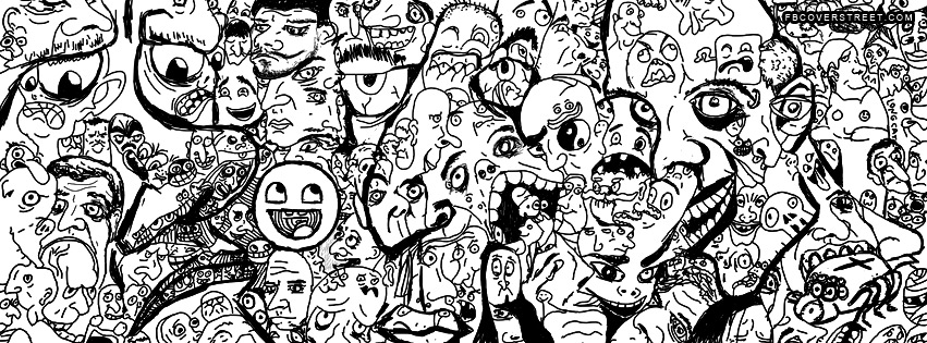 Crazy Cartoon Faces Black & White Facebook Cover